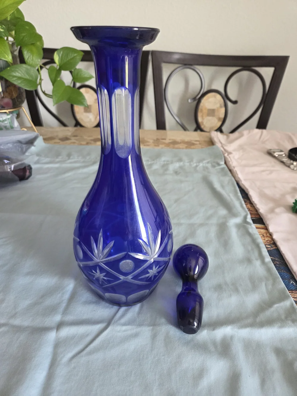 Cobalt Blue Cut-Glass Decanter with Stopper